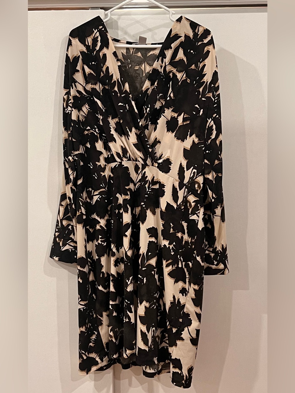 H&M Black and Cream Floral Wrap-Style Long Sleeve Dress